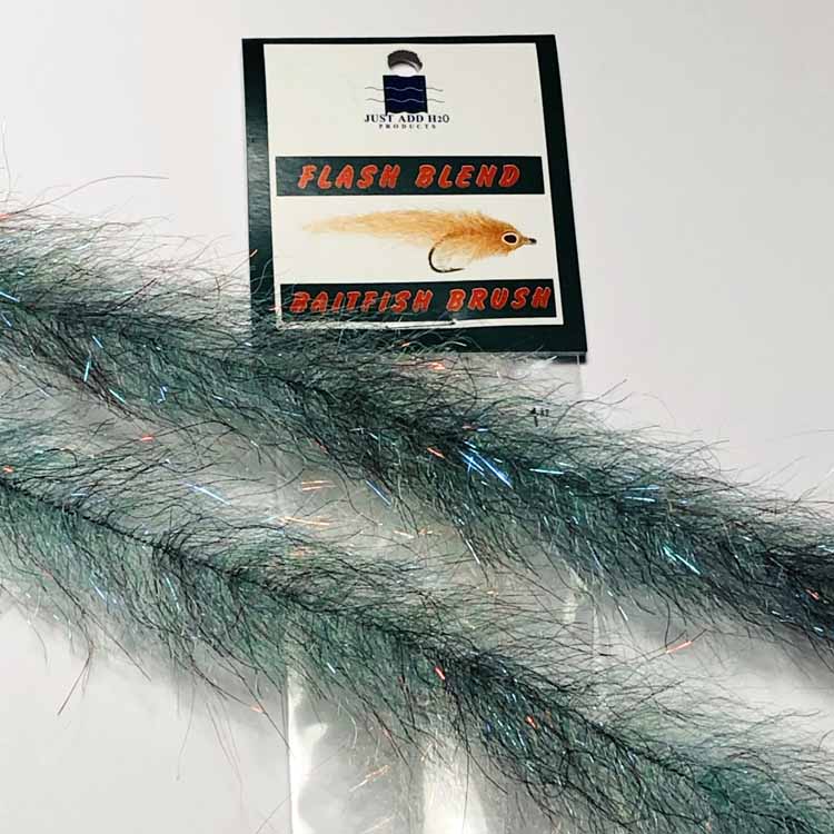 A product image featuring a package with the text 'Flash Blend Baitfish Brush' and a visual representation of the brush made of synthetic fibers in green and blue hues.
