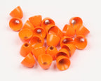 Orange Hareline Brass Cone Heads on a white surface