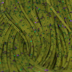 Close-up of green Hareline Crazy Legs with glittery specks on a green background
