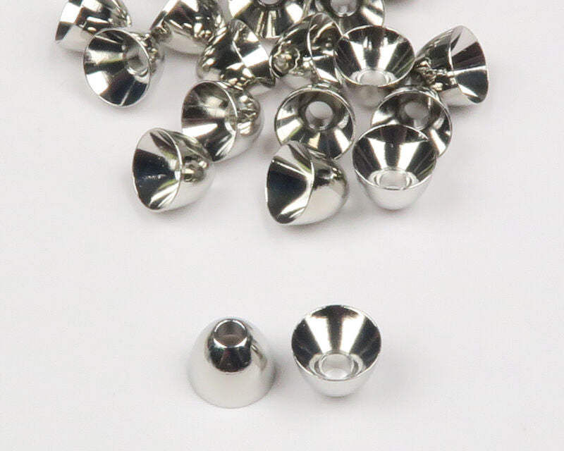 Silver Hareline Brass Cone Heads on a white surface
