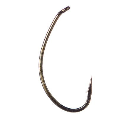 A close-up of a single Daiichi 1130 Wide Gap Scud Hook with a bronze finish.
