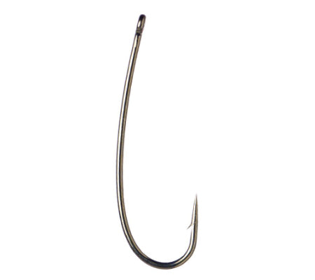 A single bronze-colored Daiichi 1260 curved fly fishing hook with a curved hook point and a small barb.