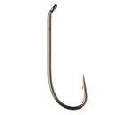 A close-up of a single Daiichi 1550 fly fishing hook with a bronze finish.