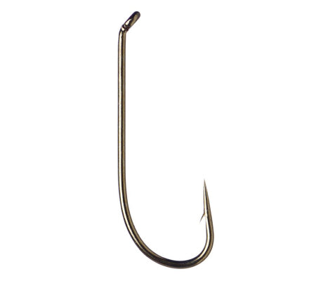 A close-up of a single Daiichi 1550 fly fishing hook with a bronze finish.