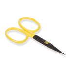 Pair of yellow-handled scissors with black blades on a white background