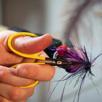 Hand holding yellow scissors cutting a fishing fly with purple and red feathers.