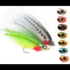 A selection of baitfish heads with weighted bodies and realistic profiles, used for fly tying in fishing. The set includes various colored eyes for attaching to the flies.
