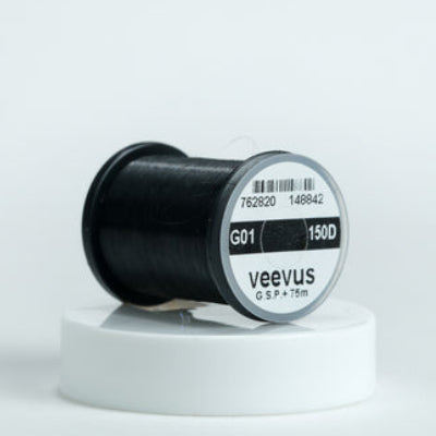 Spool of black GSP thread with 'veevus' branding on a white background