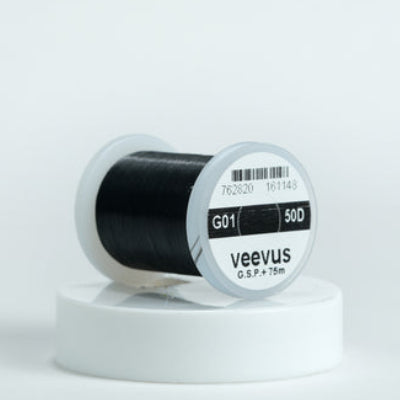 Spool of black GSP thread with 'veevus' branding on a white background