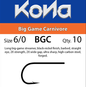 Kona Big Game Carnivore fishing hook packaging with product details.