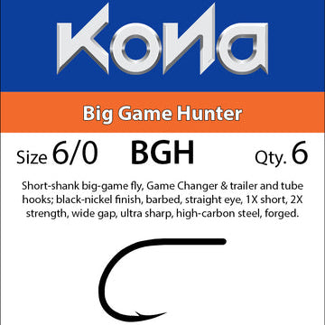 Kona Big Game Hunter fishing hook packaging with product details.