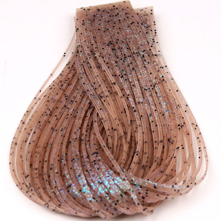 Close-up of dark tan Hareline Loco Legs on a white surface