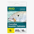 Rio Products saltwater fluorocarbon tapered leader packaging with a fish and lure illustration.