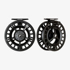 Two Sage Spectrum fly fishing reels, one in black and one in platinum color, displayed side by side.