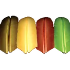 Four colorful Hareline Turkey Biot Quills in yellow, red, green, and orange on a white background
