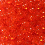 A close-up image of clear red round fishing beads with a hole in the center for stringing purposes.