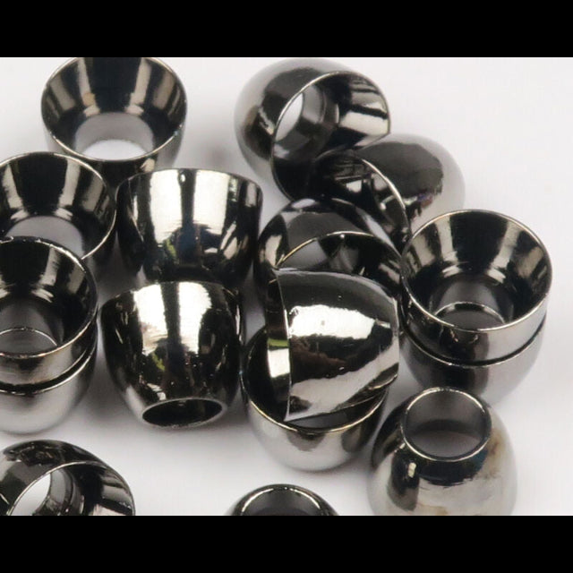 Collection of metallic Hareline Tube Cone Heads on a white background