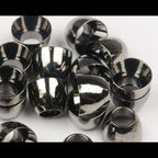 Collection of silver Hareline Tube Cone Heads on a white background