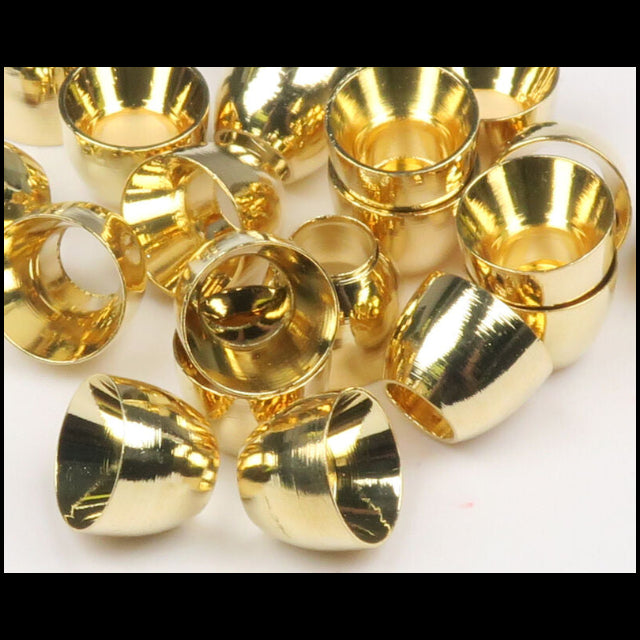 Gold Hareline Tube Cone Heads on a white background