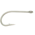 Metallic fishing hook on a white background