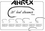 Ahrex 26° bent streamer fishing hook with size chart on a white background