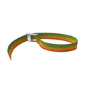 A multicolored cam strap with a metal cam buckle, featuring a pattern resembling a fish skin.