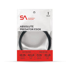 Packaging for SA Absolute Predator Esox fishing leader, featuring a black and white wire leader visible through a clear plastic section of the packaging, with red and white labeling including the product name and specifications.