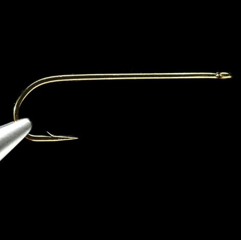 A close-up of a single Daiichi 1750 fly fishing hook with a bronze finish.
