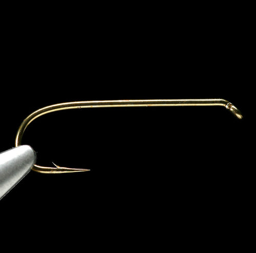 Gold-colored Daiichi 1280 dry fly fishing hook on a black background