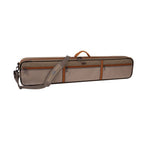 A gray and brown Fishpond fishing rod and reel case with a strap and orange trim.