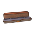 A gray and brown Fishpond fishing rod and reel case with a strap and orange trim.