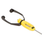 An ergonomic Loon bobbin with a yellow and black powder-coated handle, a metal spool holder, and a long metal shaft.