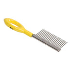 An ergonomic yellow powder-coated comb with a stainless steel shaft and teeth, designed for fly tying in fishing.