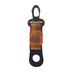 An orange and black Fishpond floatant bottle holder with a quick clip and stretchable elastic holder, designed for attaching to a vest or pack.