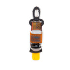 An orange and black Fishpond floatant bottle holder with a quick clip and stretchable elastic holder, designed for attaching to a vest or pack.