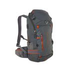 A gray Fishpond Firehole backpack with orange trim and brand detailing, featuring multiple pockets and an adjustable hip belt.