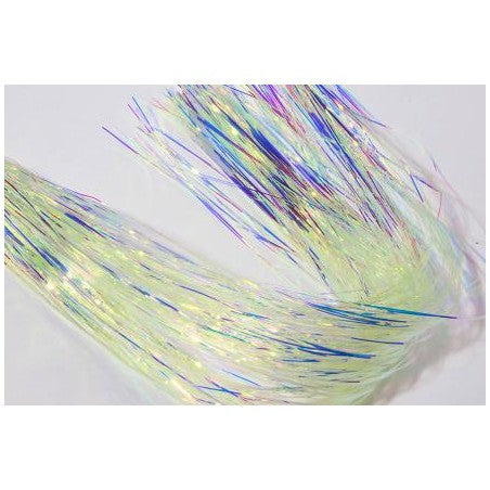 A close-up of the Hedron Flashabou Mirage, showing strands of multicolored fishing flash in a clear medium.