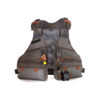 A gray Fishpond Flint Hills Vest with multiple zippered pockets and tool attachment points, featuring a mesh back panel and padded shoulder straps.