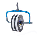 Fishpond Headgate Tippet Holder XL with a blue plastic clip and anodized aerospace aluminum and stainless steel structure, designed to hold spools for fishing.