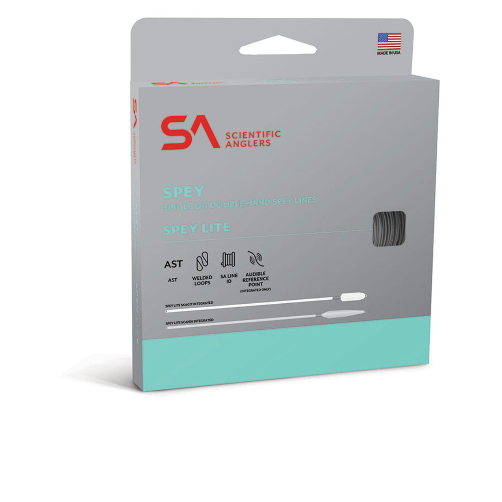 Packaging for SA Scientific Anglers Spey Lite Integrated Scandi fishing line with product information and weight selection criteria displayed.