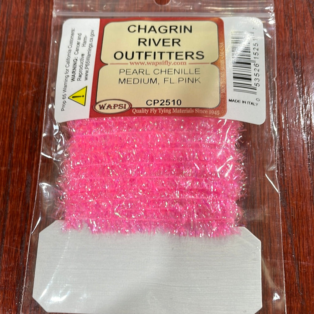 Packaged Wapsi River Outfitters Pearl Chenille in medium size, primarily black with green sparkles, used for fly tying.