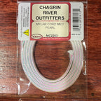 Packaged Wapsi Mylar Cord in pearl color, intended for use in fly tying, with Chagrin River Outfitters branding visible.