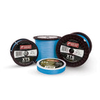 Spools of SA XTS Gel Spun Backing in blue color, used for fishing. The spools are labeled with different weights and sizes.