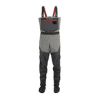 Simms Men's Freestone Stockingfoot Waders, featuring gray upper and lower layers with black suspenders and red adjustment straps.