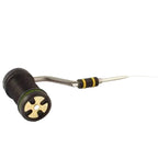 A Rite Bobbin Half Hitch with a black and green handle, a silver metal guide, and a yellow and black striped resistance band, isolated on a white background.