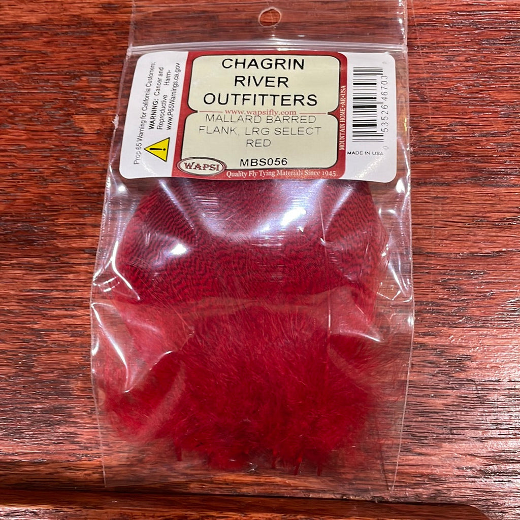 Packaged Wapsi Mallard Barred Flank in red, select size for fly tying, visible through a clear plastic bag with a red and white label.