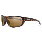 A pair of brown and black Suncloud Milestone reader sunglasses with polarized lenses and a wrap shape.