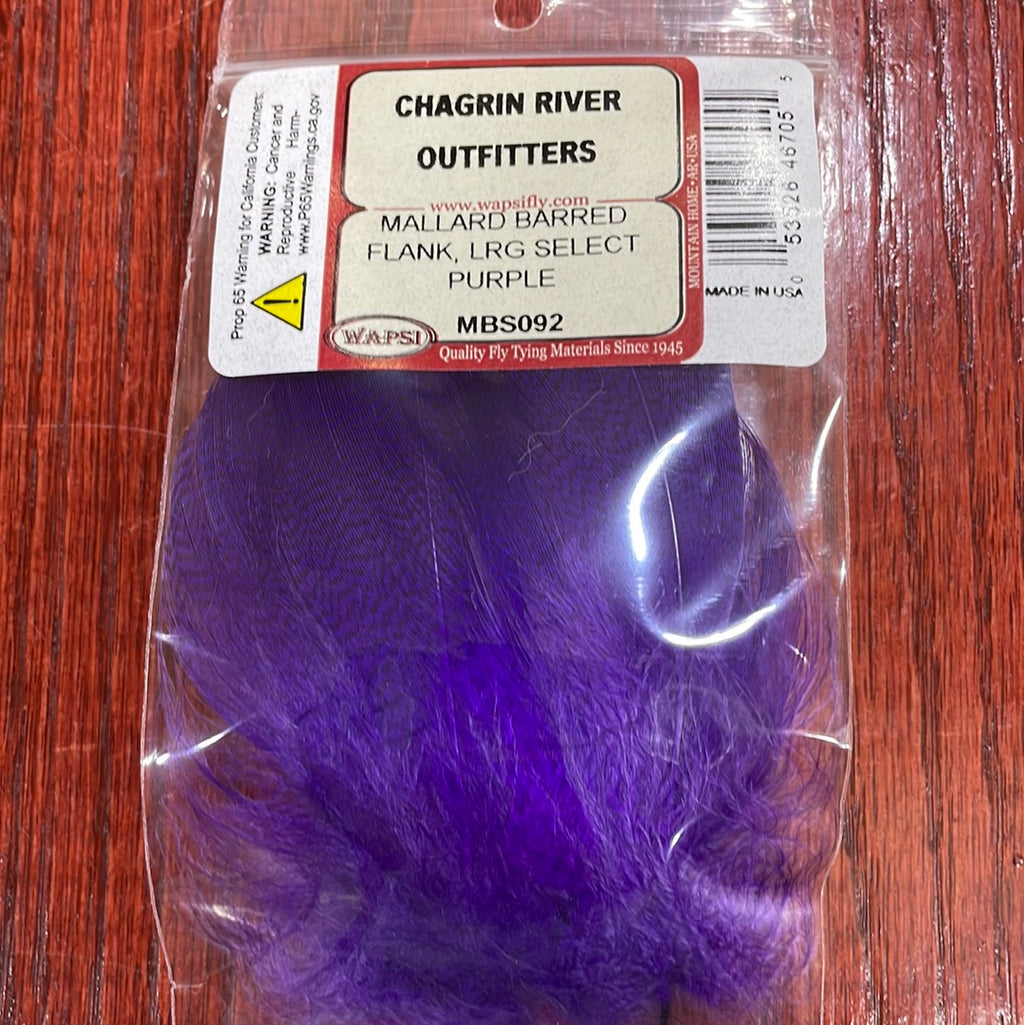 Packaged Wapsi Mallard Barred Flank in purple, select size for fly tying, visible through a clear plastic bag with a red and white label.