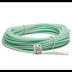 Coiled green fishing line with a label on a white background