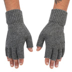 Pair of gray Simms fingerless gloves on a white background
